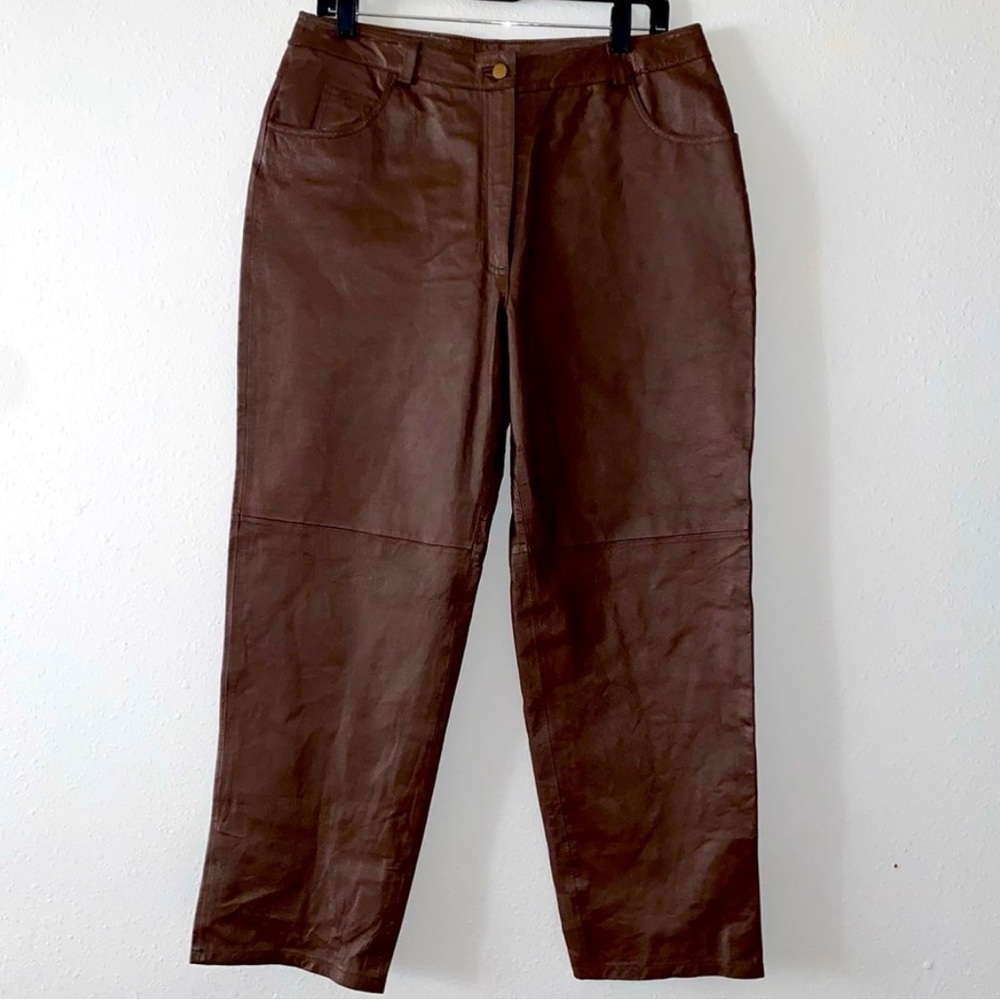 Metro style dark brown leather pants.